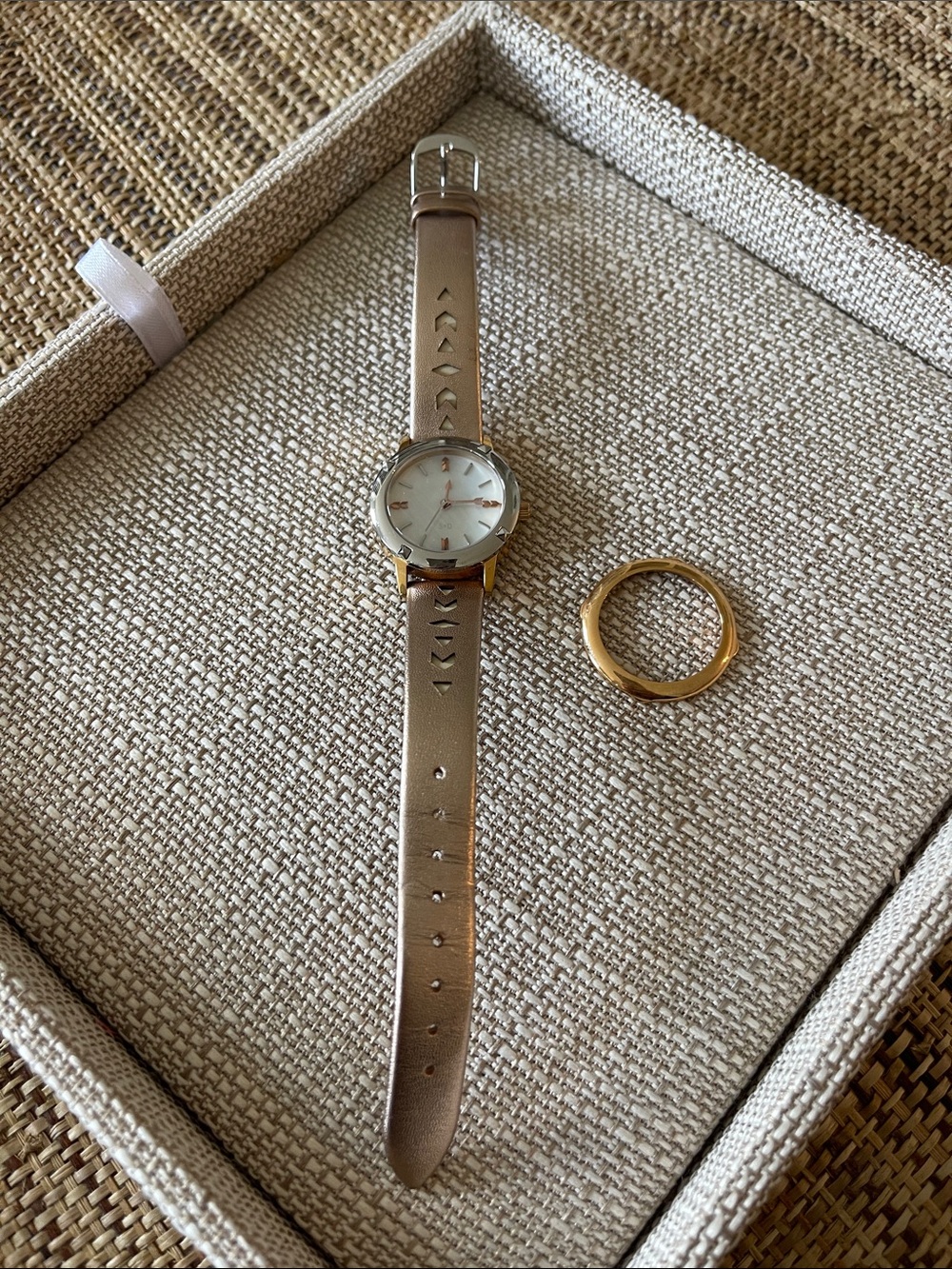 Stella & Dot Rose Gold Leather Strap Women's Watch with Gold Ring